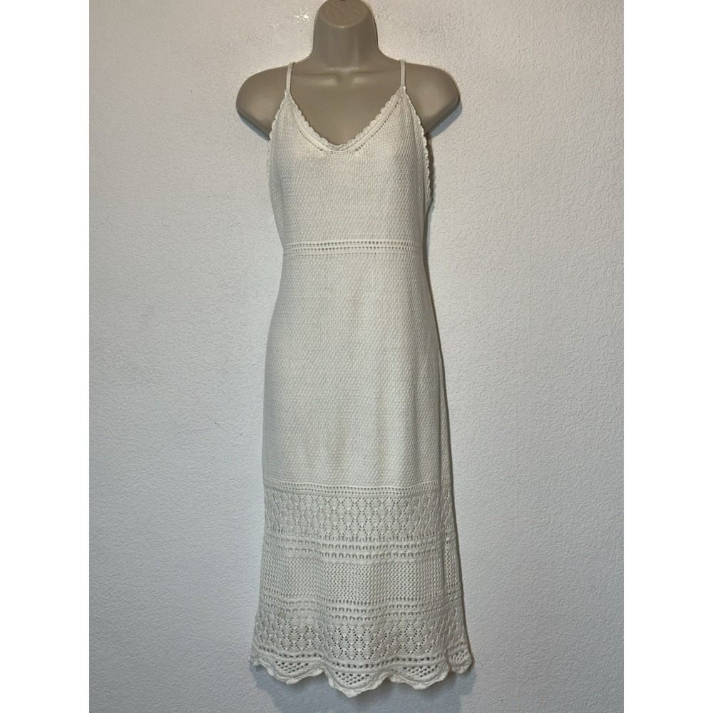 Womens Midi Dress White Knit Crochet Cotton Size XL Boho Festival Coquette